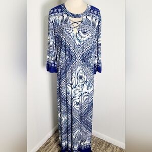 Enfocus Studio Blue & White Floral Print Maxi-Dress, Size 20W